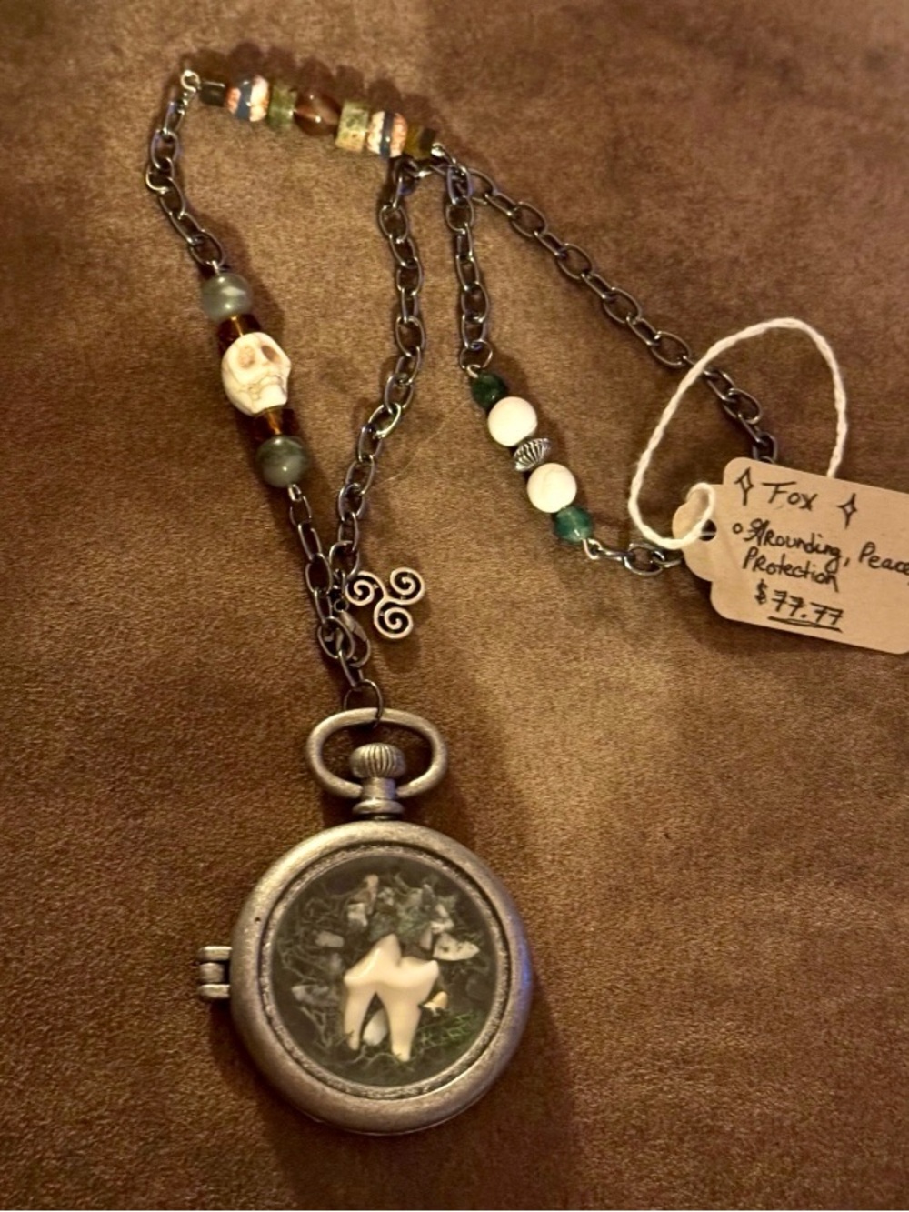Handcrafted Fox Tooth Gunmetal-Tone Pendulum Necklace with Tree Agate & Unakite